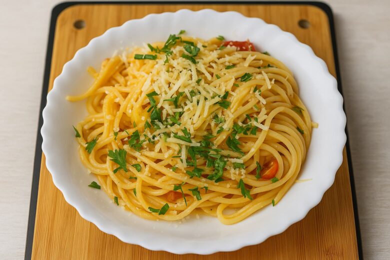 Spaghetti al Pomodoro served on a white plate, topped with grated Parmesan cheese and fresh parsley, with cherry tomatoes on a wooden board background.